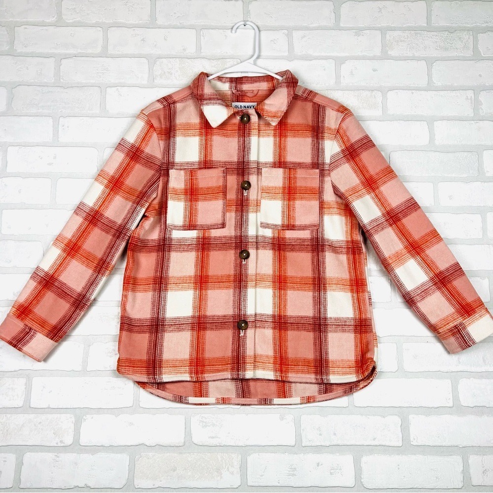 Old Navy Kids Peach Plaid Shacket Button Front Fleece Shirt Jacket XL 14-16